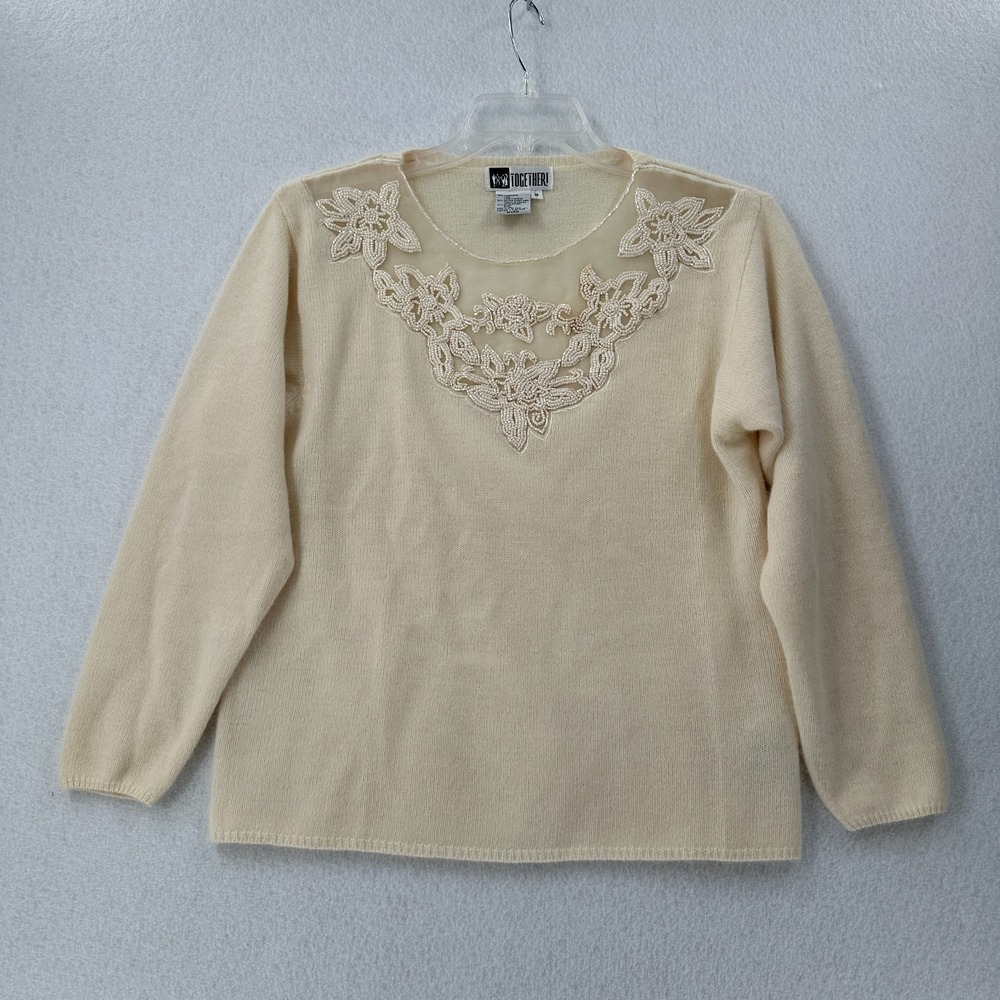 VTG Together! Lambswool Angora Sweater Beaded‎ Collar Cottage Prairie Granny SM